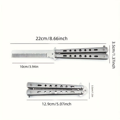 Fine toothed stainless steel Butterfly Blade Comb with metal handle for regular hairstyle and finger dexterity practice. Foldable, portable, and durable, suitable for outdoor camping.