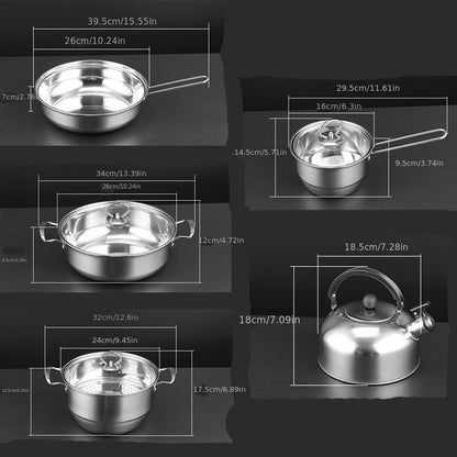 9-Piece Stainless Steel Kitchen Set Featuring Pots, Pans, and Utensils