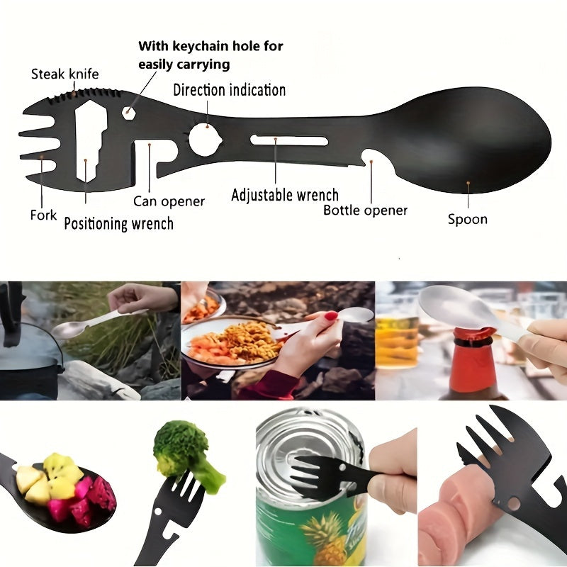 Portable stainless steel utensil with 10 functions for outdoor activities.