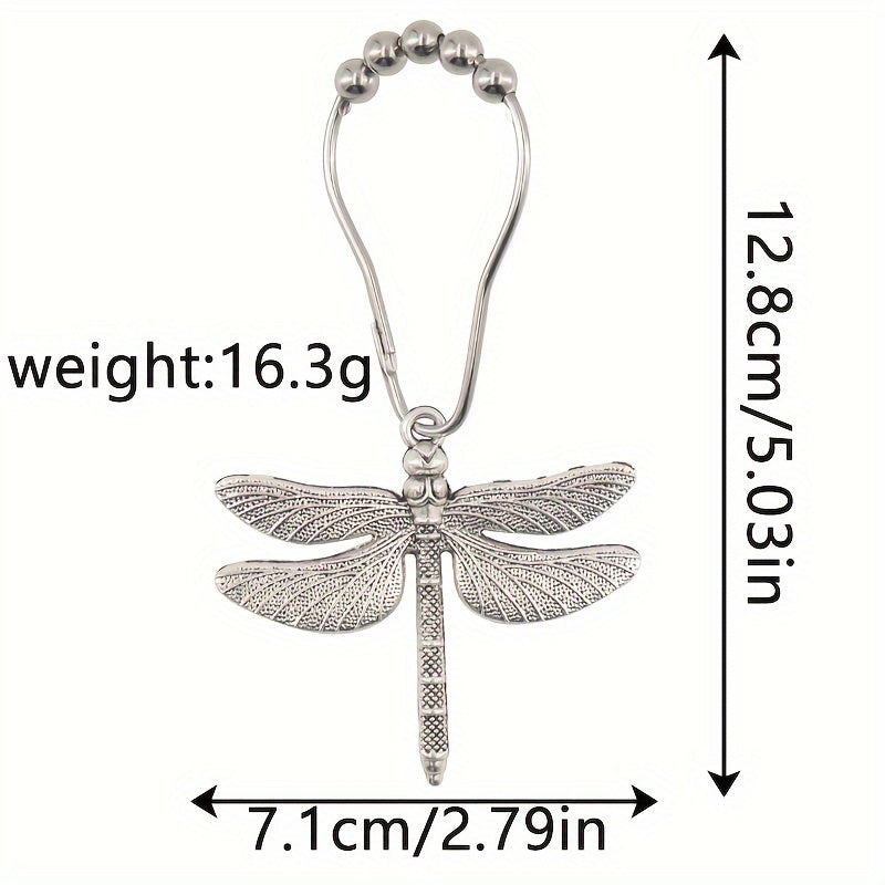 Dragonfly-themed shower curtain hooks, set of 12, made of rustproof metal with pearl accents. Waterproof, durable, and perfect for a nature-inspired bathroom decor. Coordinates with Dragonfly Shower Curtain.