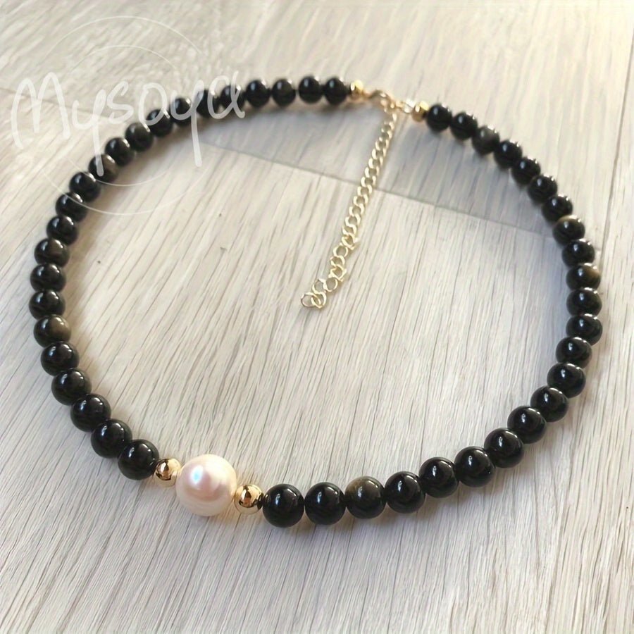 Handcrafted Natural Obsidian Baroque Pearl Necklace by MYSOYA featuring 7-9mm Freshwater Pearls. This vintage elegant piece is perfect for daily wear and special occasions, making it an ideal Valentine's Day gift. Comes with a gift box, making it an