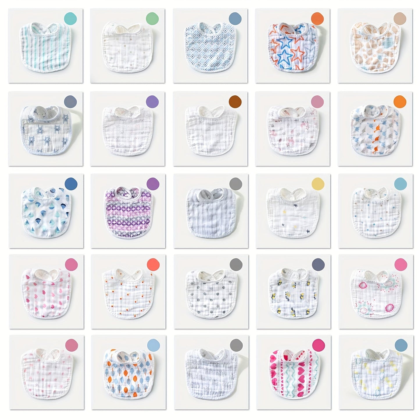 Set of 5 Soft Feeding Bibs made of 6-layer Cotton Gauze (assorted colors)