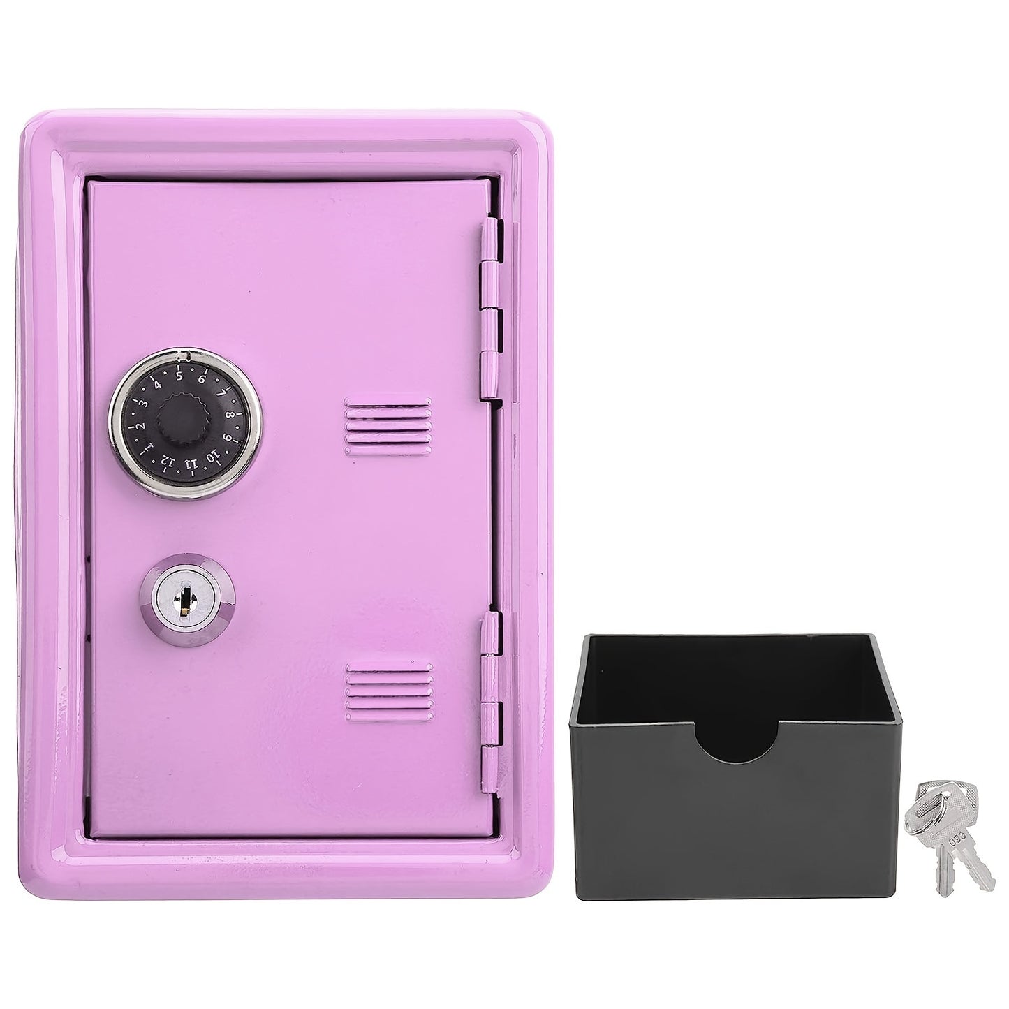 One unit metal piggy bank with key and combination lock, pull-out drawer, ideal as gift.