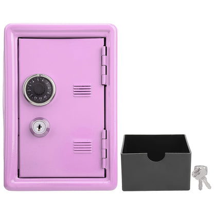 Small iron money safe with coded combination lock and key, built-in change storage for home and office use.