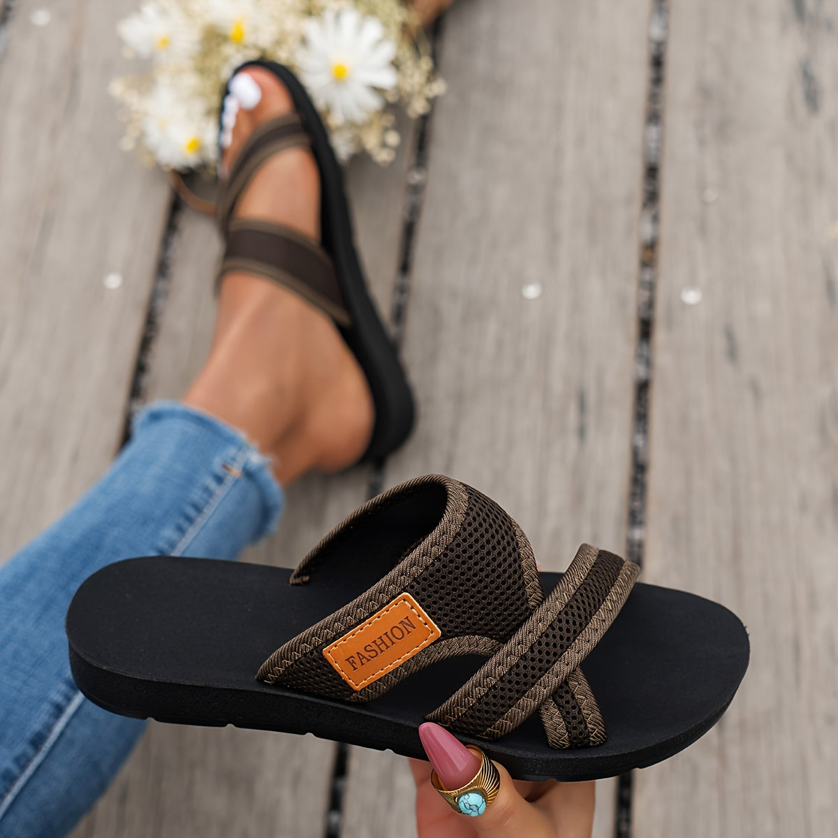 Breathable mesh slide sandals for women with crisscross straps, lightweight and comfortable. Available in Black/Brown or Red/Black. Suitable for casual indoor and outdoor wear.