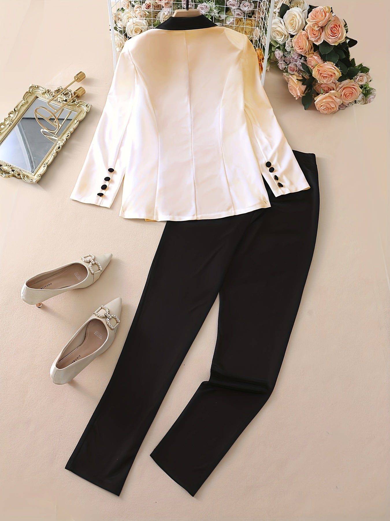 Color block blazer and pants set for women, casual style.