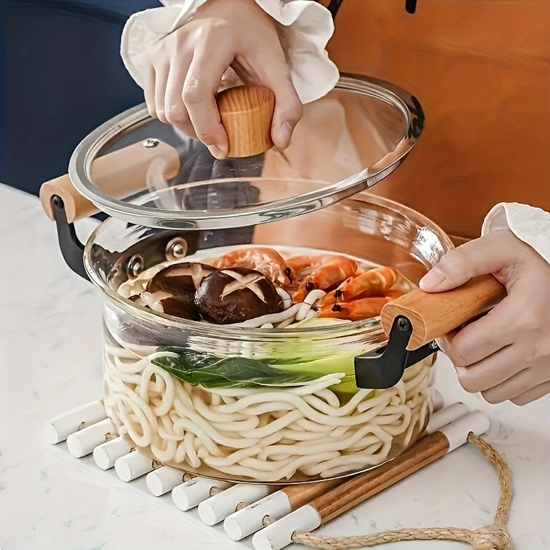 Glass Soup Pot with Lid and Double Wooden Handles - Perfect for Cooking Pasta, Noodles, Soup, Juice, and Milk. This Household Kitchen Cooker is a Safe and Reliable Glass Cookware Option for all your cooking needs. Complete your Kitchen Supplies with this