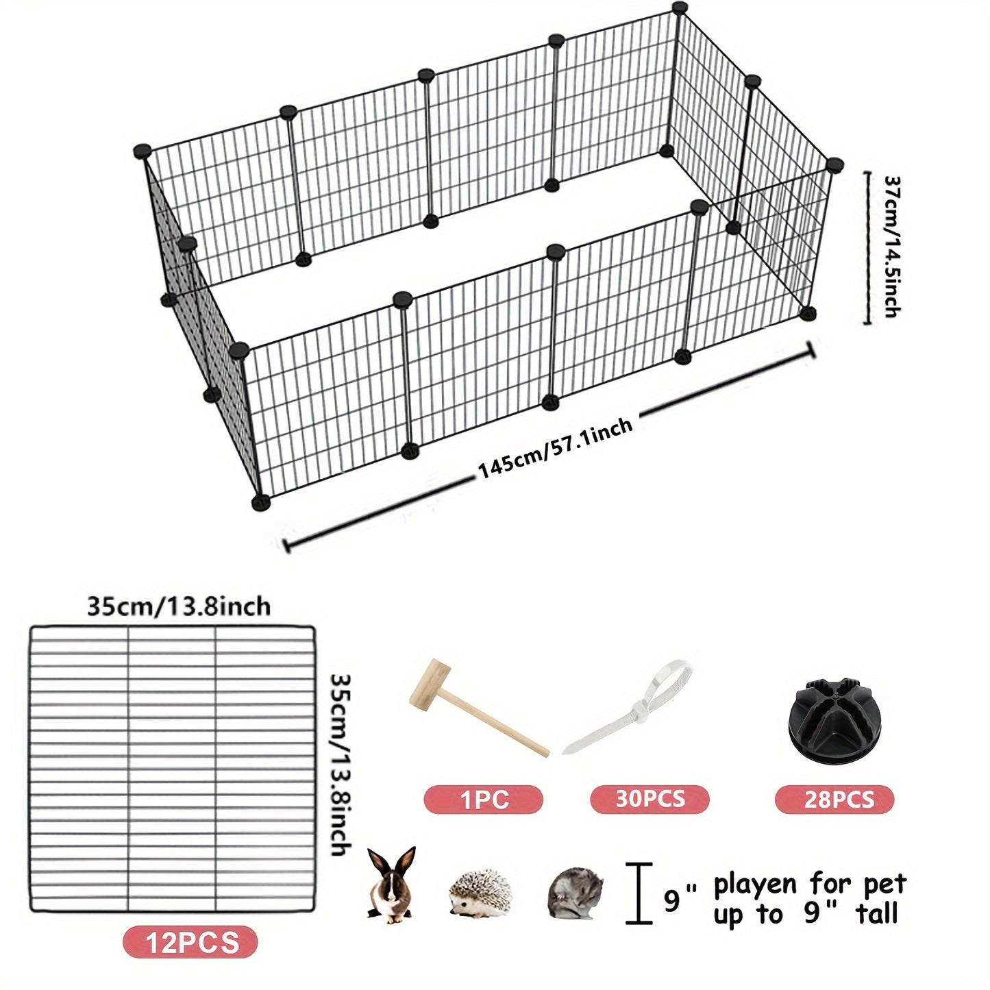 Portable metal wire playpen for small pets like rabbits and guinea pigs, suitable for indoor and outdoor use. Features rust-proof coating, easy assembly, and measures 35.05x35.05 cm with 12