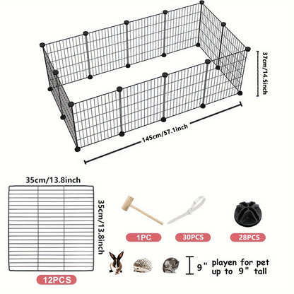 Portable metal wire playpen for small pets like rabbits and guinea pigs, suitable for indoor and outdoor use. Features rust-proof coating, easy assembly, and measures 35.05x35.05 cm with 12