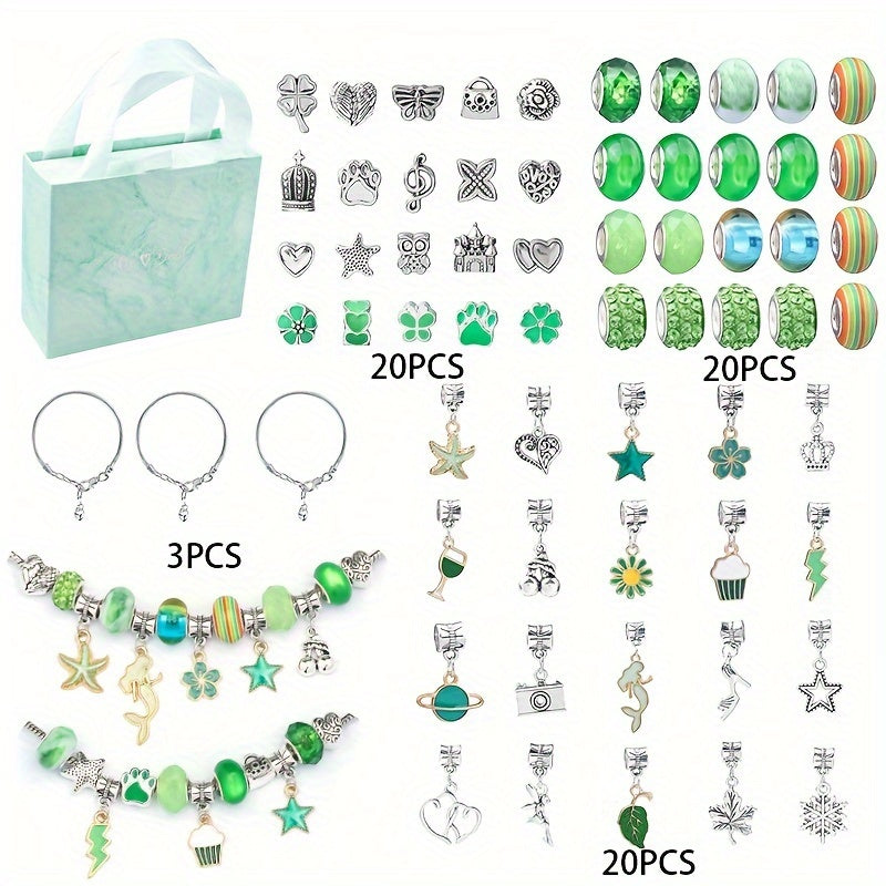 Charm Bracelet Making Kit with 63 pieces, includes large hole pendant, beads, chain accessories and an exquisite gift box for handmade DIY jewelry. Perfect as a jewelry gift set.