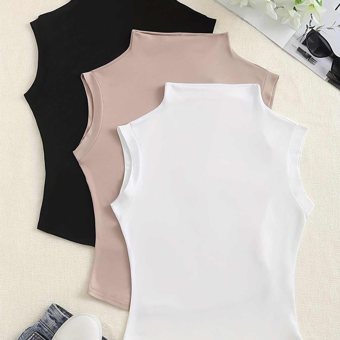 Solid color mock neck tank top, perfect for spring and fall.