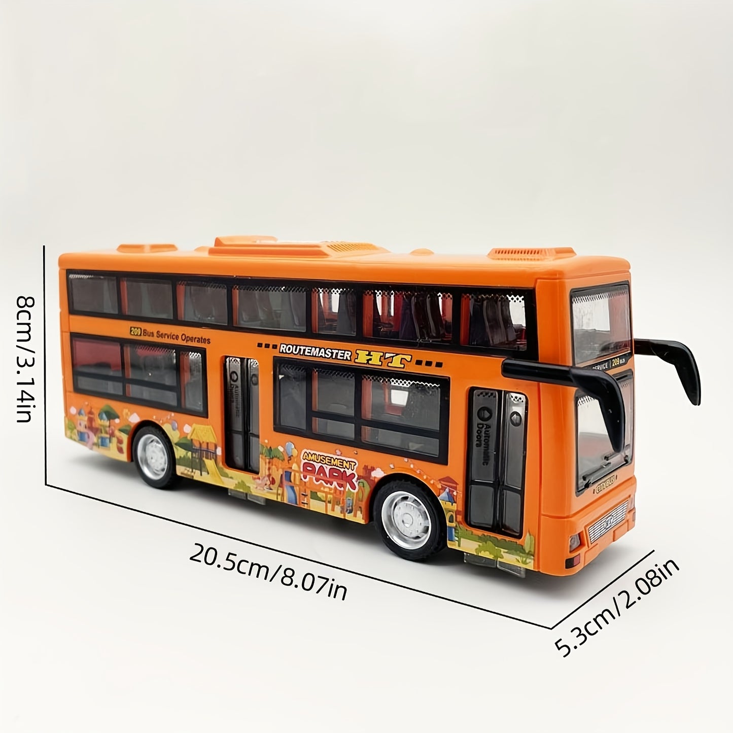 Battery-powered toy Routemaster Double Decker Bus for kids, with realistic sound and flashing lights. Push-operated with non-rechargeable button battery included. Suitable for ages 3-6