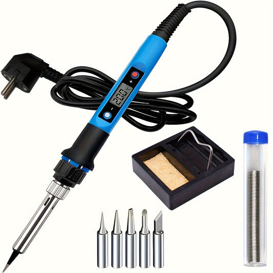 80W electric soldering iron set with LED display, adjustable temperature, EU plug, ideal for DIY projects, includes solder wire, precision tips, and soldering iron kit.