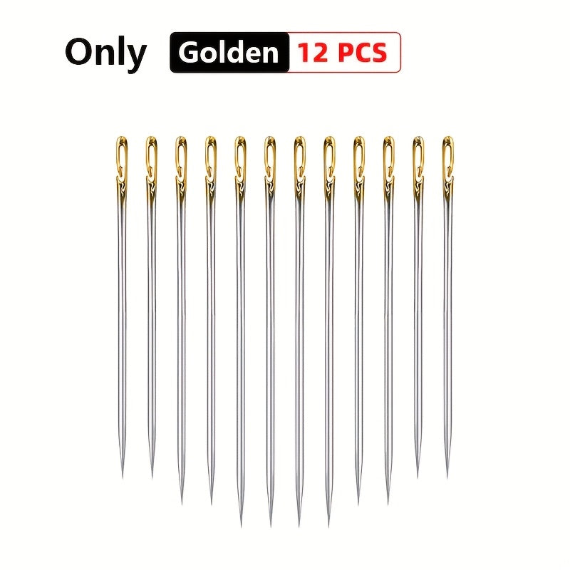 12 stainless steel sewing needles with side holes for easy threading. Ideal for elderly users and DIY projects. Suitable for sewing and crafting.