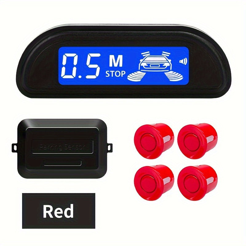 Car Reversing Radar with 4 parking sensors, LED display, sound indicator, 8 colors, and reverse parking assistance.