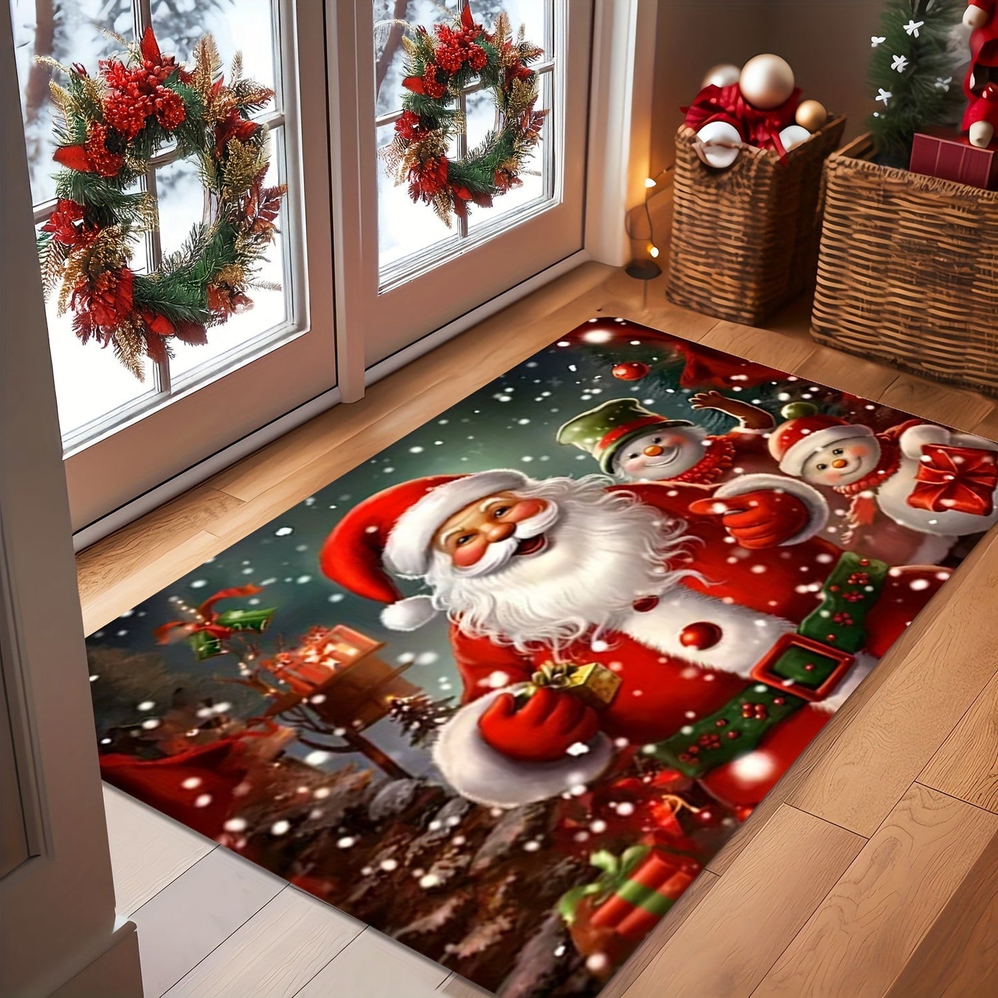 Get into the holiday spirit with our Festive Christmas Theme Door Mat featuring a charming Santa and tree design. This non-slip mat is easy to clean, stain-resistant, and machine washable, making it perfect for any room in your home or office. Its