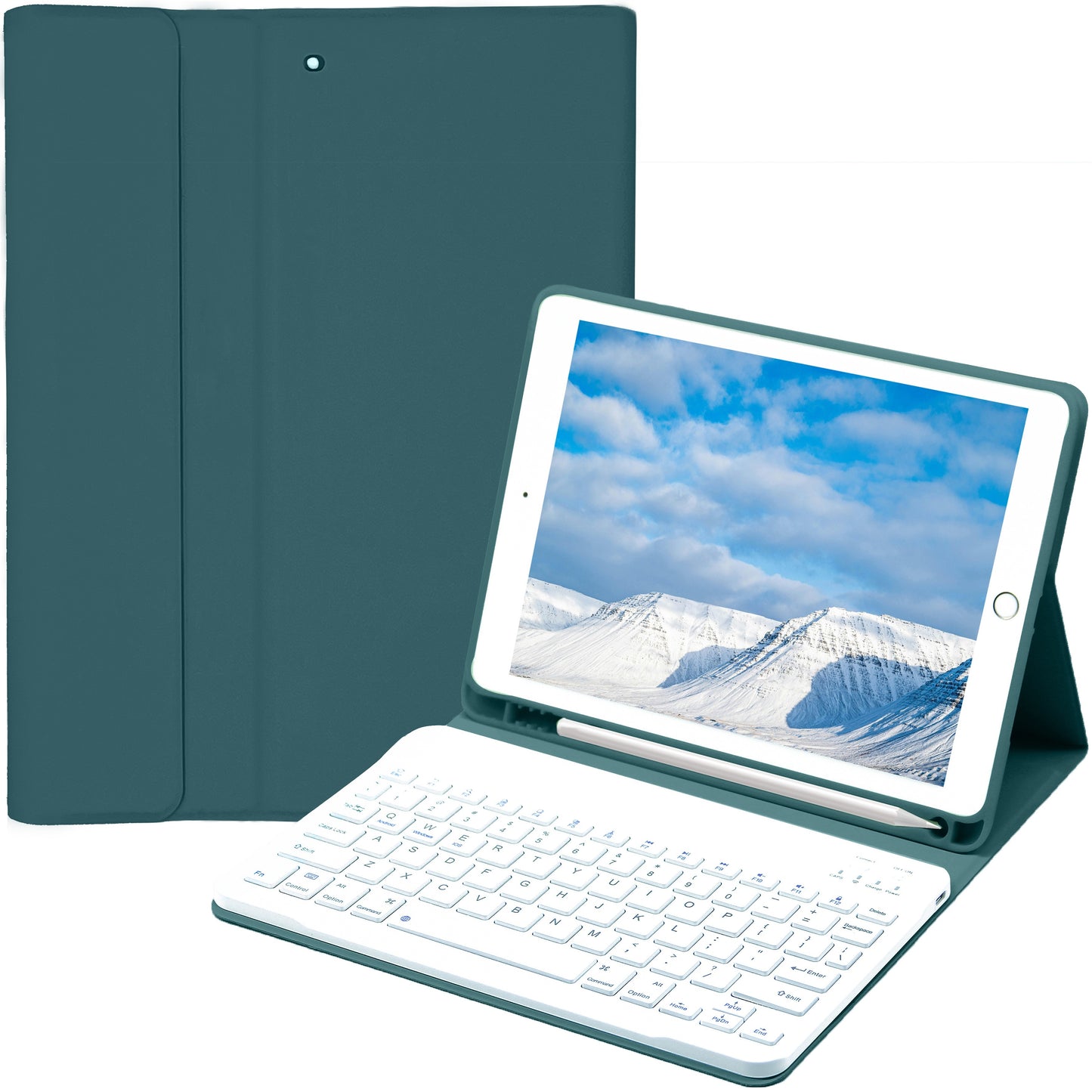 iPad keyboard case compatible with various iPad models, including iPad Air, iPad 5th-10th generation, and iPad Pro 11/12.9 inch, featuring a soft TPU back cover, pen holder, and detachable