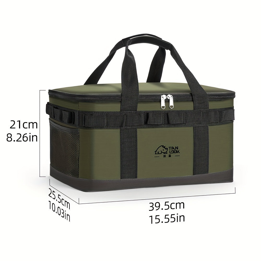 Large capacity polyester cooler bag with dual color options, carry handles, and carabiner hook for outdoor activities.