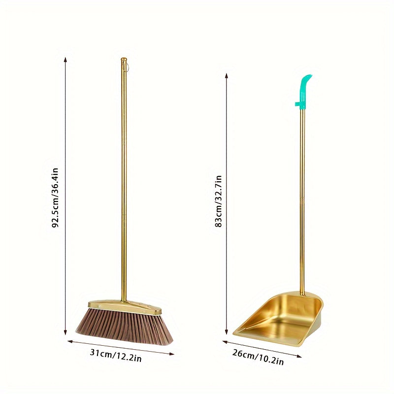 PMMJ Golden Stainless Steel Broom and Dustpan Set - Durable, Long Handle for Indoor/Outdoor Use, Vertical Design for Easy Cleaning, Upgrade Dustpan