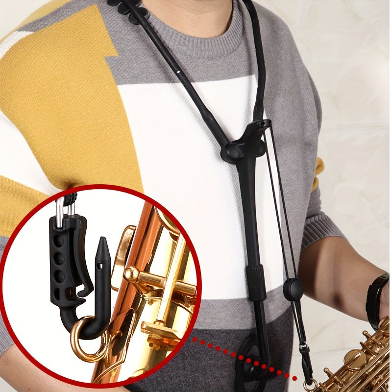 Comfortable and durable black saxophone neck strap with adjustable length and gold-tone aluminum keys for tenor, alto, soprano, and clarinet players.