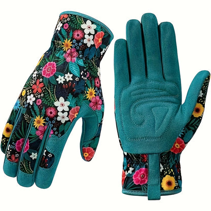 Floral print polyester garden gloves, breathable, ambidextrous work gloves, lead & PVC free, easy care - outdoor gardening hand protection.