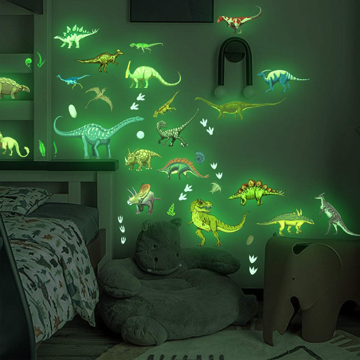 Glow in the dark dinosaur wall stickers for living room or bedroom decor.