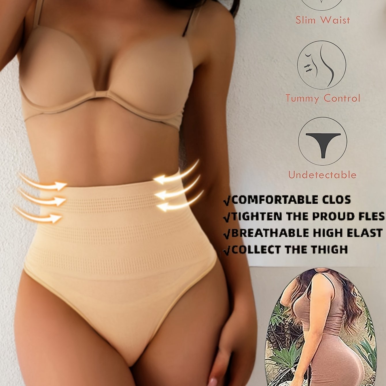 High waist shaping thong for women with tummy control and buttocks lifting and shaping features.