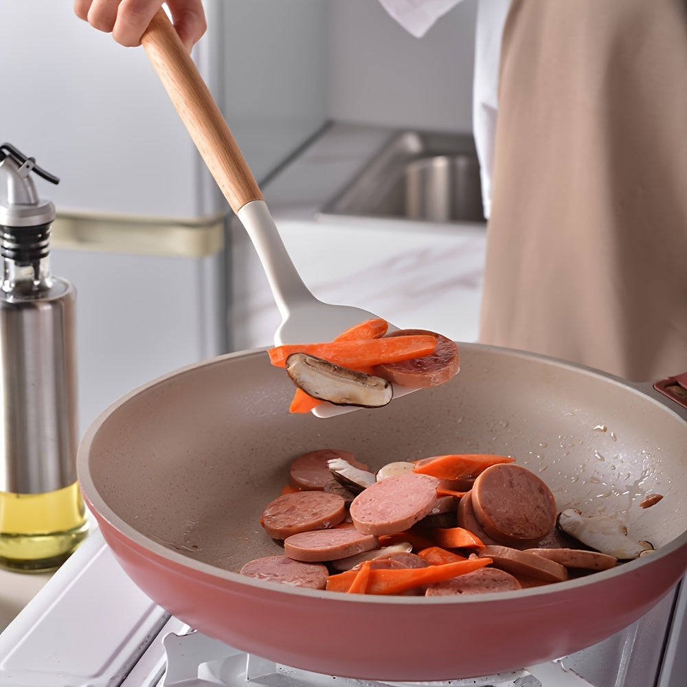 Set of 3 Silicone Kitchen Utensils - Includes Non-Stick, Heat-Resistant Spatulas and Spoons with Wooden Handles for Cooking and Baking