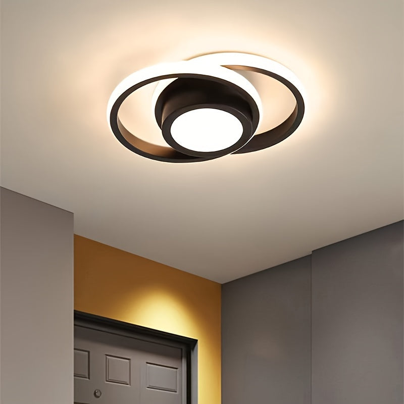 Contemporary LED ceiling light in sleek black design with dual-light source. Energy-efficient and durable, suitable for bedroom, bathroom, and kitchen. Features wide voltage range, 3-color