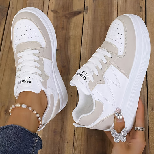 White & beige lace-up sneakers for women with synthetic cover, thick rubber sole, round toe design, and all-season comfort. Perfect for casual running and everyday wear. Trendy and