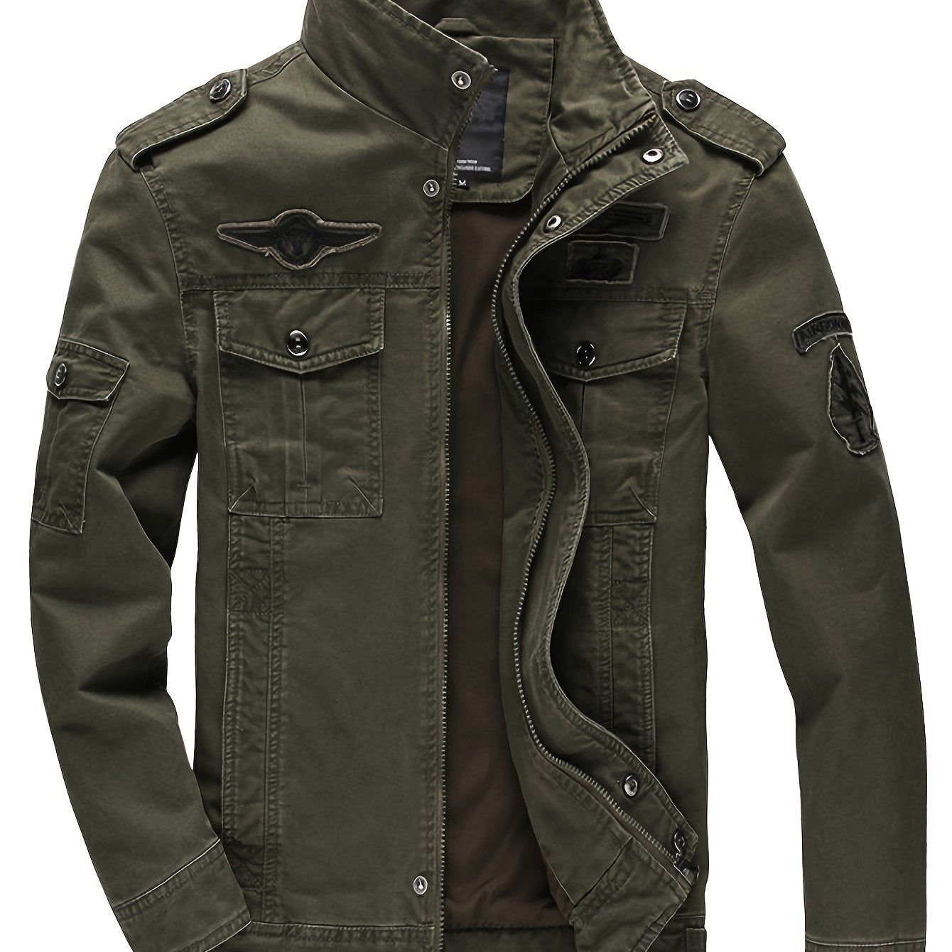 Stylish men's cotton jacket with zip-up front, stand collar, and flap pockets, perfect for outdoor activities in spring and autumn.