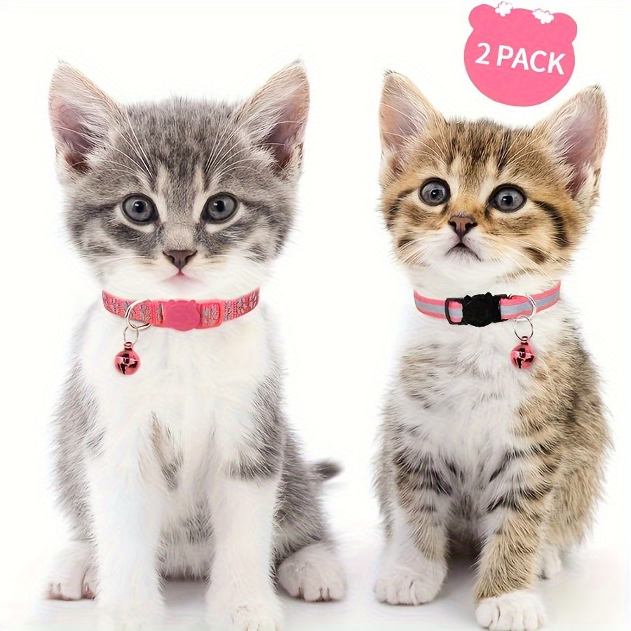 Reflective cat collars with footprints, bells, and breakaway design for kittens - 2 pieces, geometric pattern, polyester.