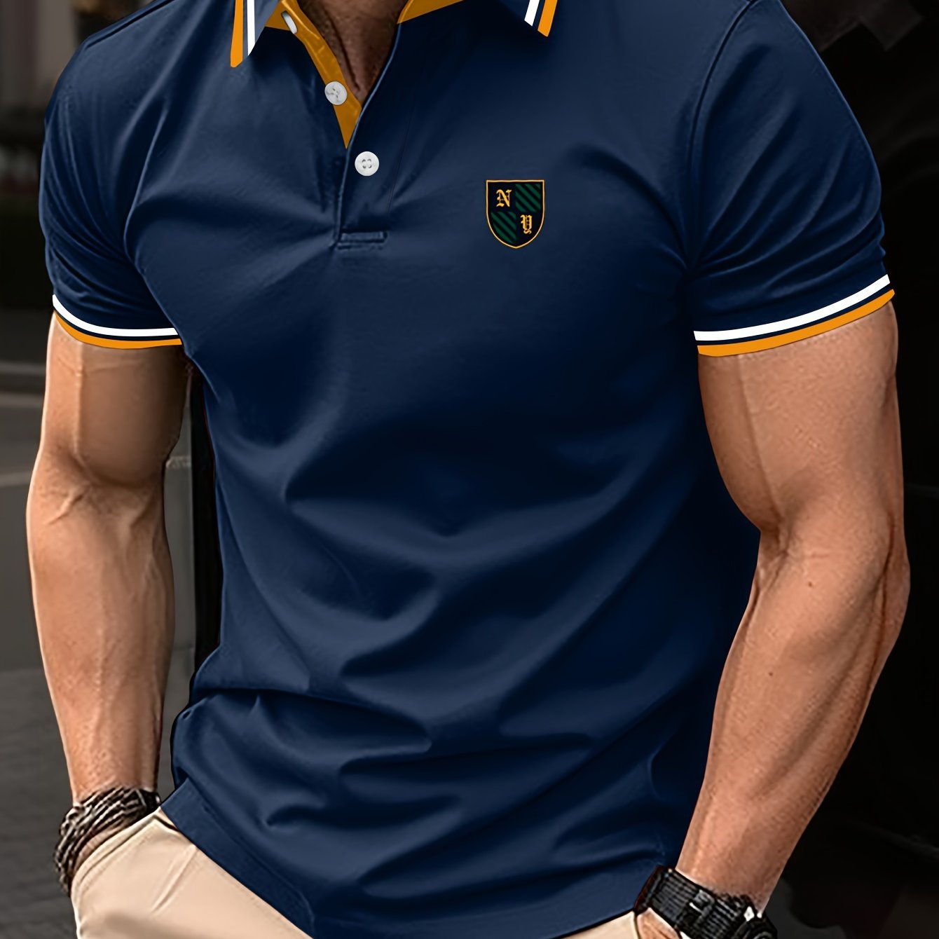 Men's short sleeve golf shirt with contrast trim, perfect for golfing and a great gift for men.