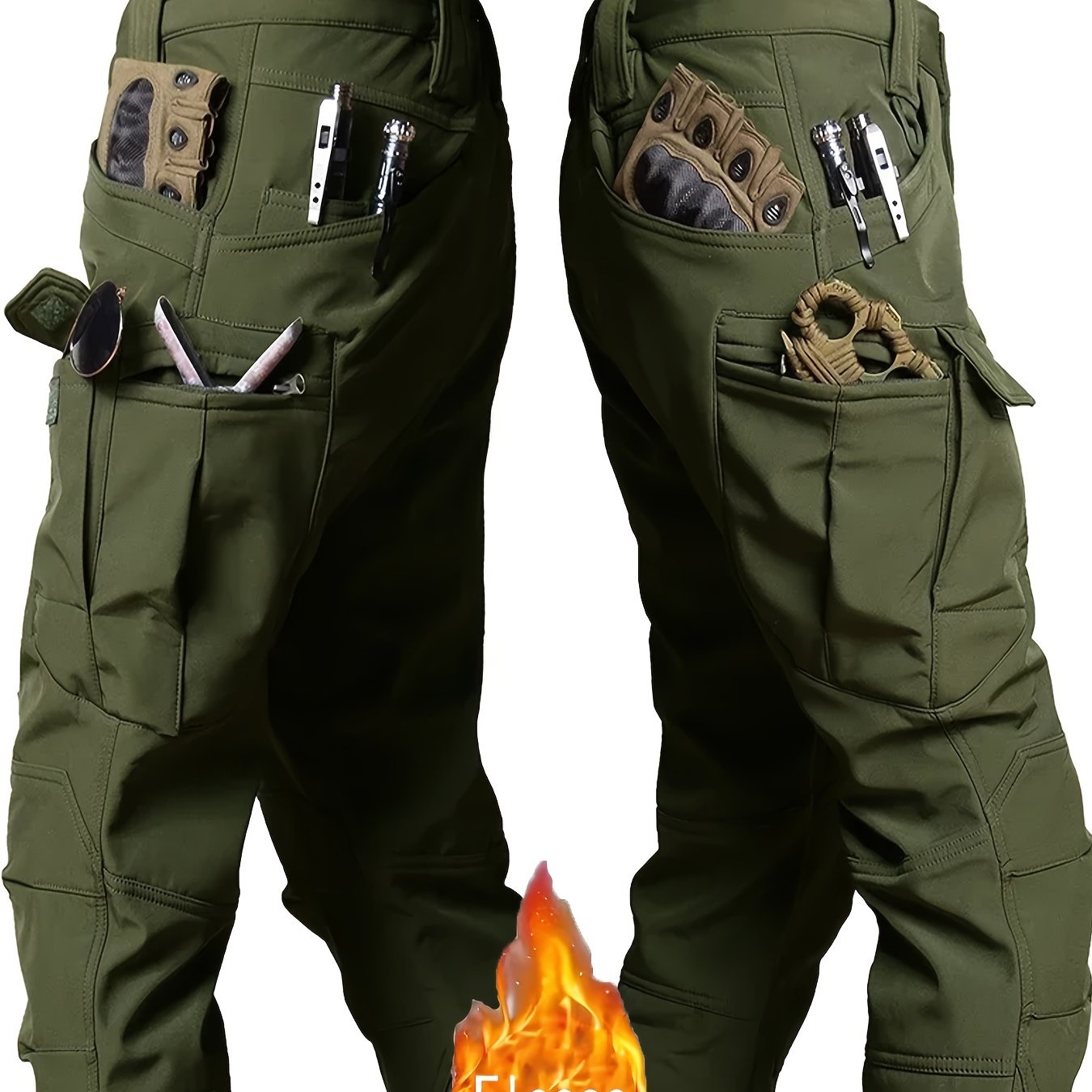 Men's fleece-lined tactical cargo pants with multiple pockets, windproof, soft shell, loose fit for autumn & winter. Olive green, polyester & spandex blend, machine washable.