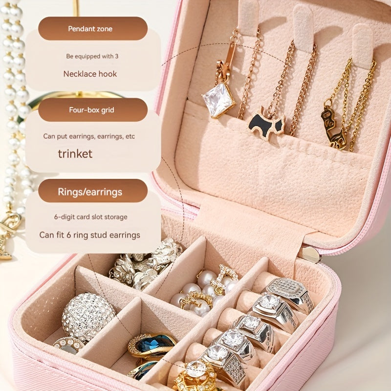 One stylish and portable jewelry box for earrings, rings, and necklaces.