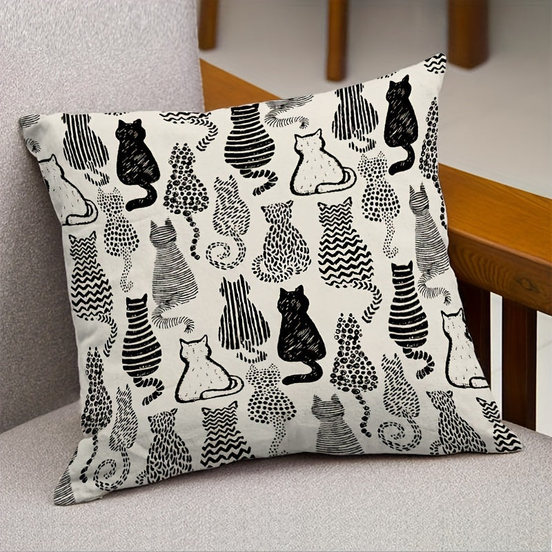 Modern cat themed throw pillow cover with abstract kitten design, machine washable, zippered polyester case for various furniture - 44.96x44.96 cm, insert not included.