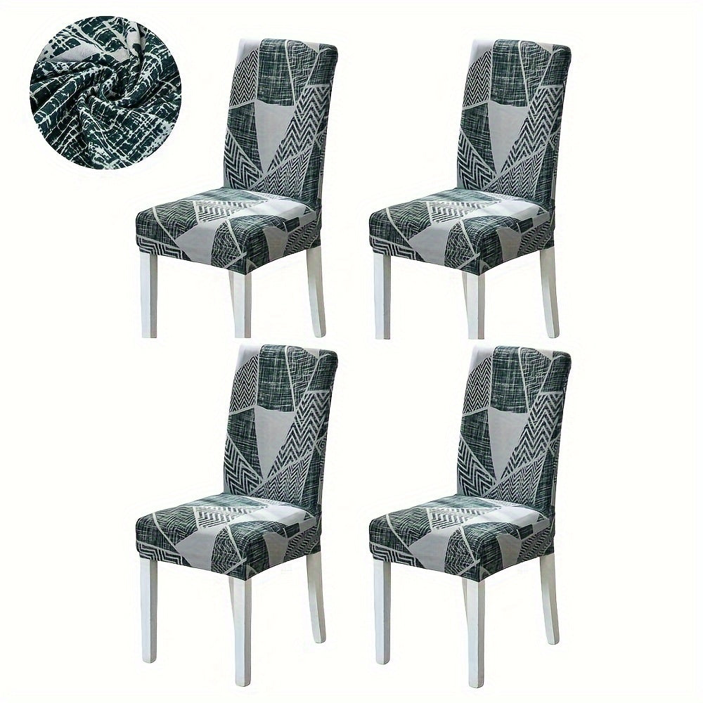 Set of 4/6 elastic dining chair slipcovers with geometric print for home, hotel, restaurant, banquet decor protection.