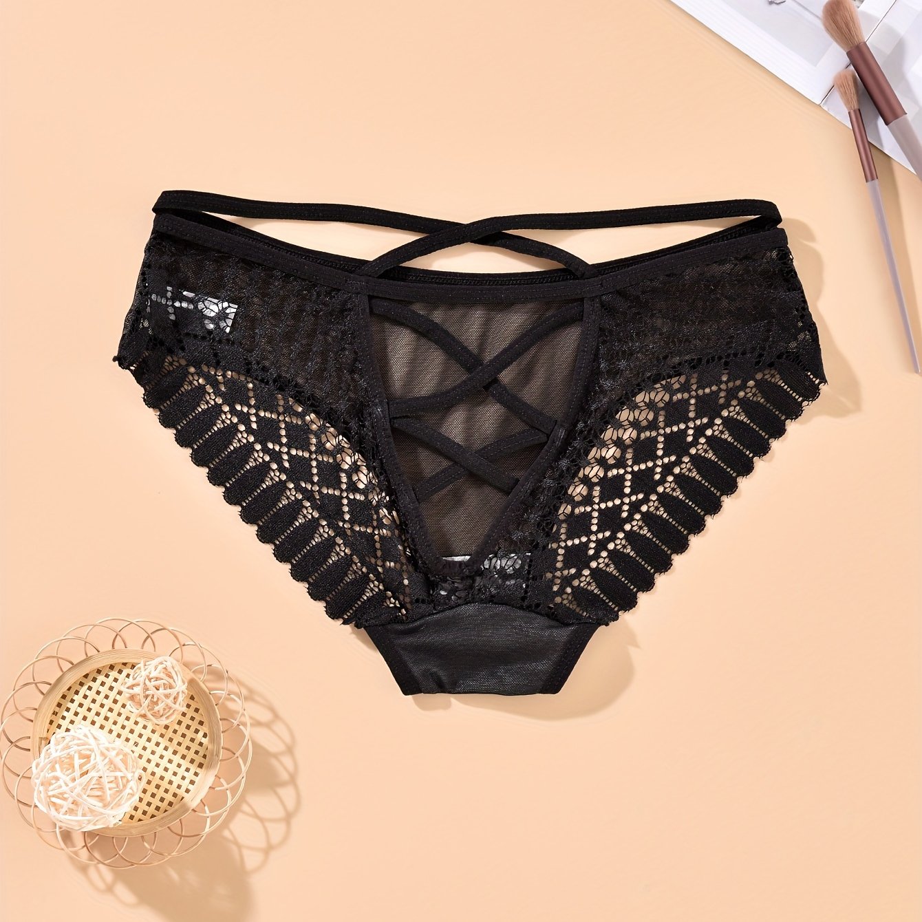 Comfortable back cross strap hipster panties with hollow mesh design - women's lingerie & underwear.