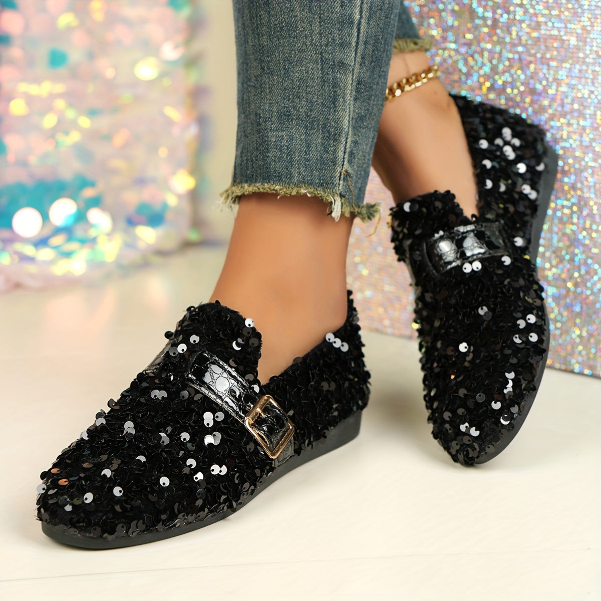 Women's sequin embellished Mary Jane flats with casual round toe slip-on design, all-season comfort, man-made upper & inner, rubber sole, fabric insole, perfect for carnival, Mardi Gras