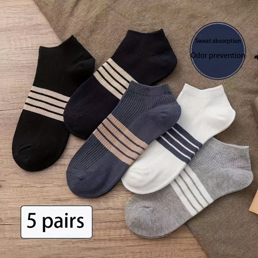 5 pairs of men's ankle socks for athletic wear, featuring breathable and sweat-absorbent polyester blend material with odor-fighting properties. Suitable for spring/summer/autumn, business