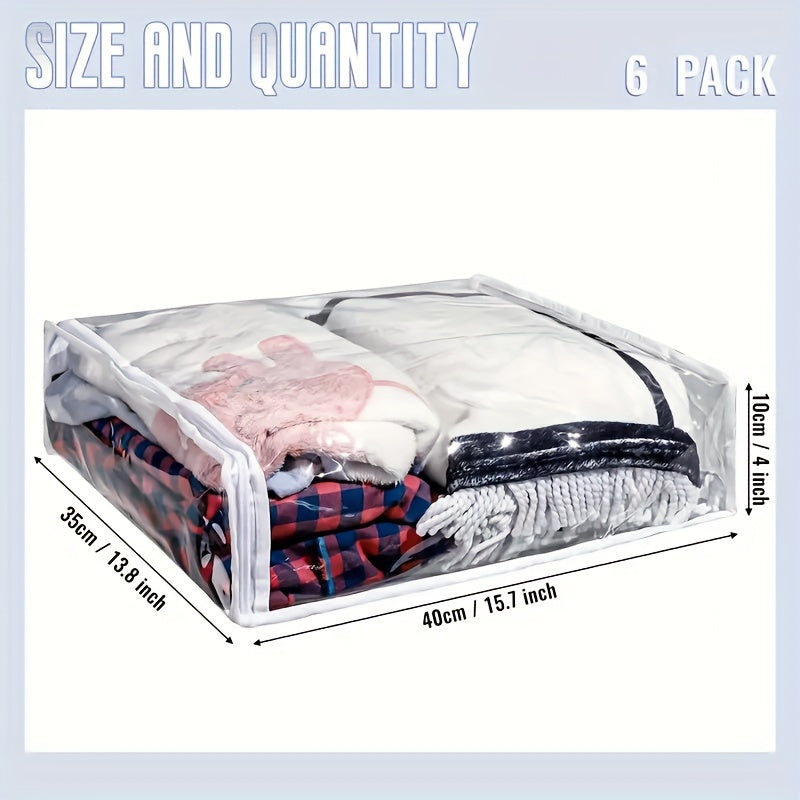 Transparent zippered storage bags with a 6-pack set. These foldable plastic bags are great for organizing sweaters, blankets, towels, and other household items. Perfect for storing beddings, pillows, quilts, and clothes.