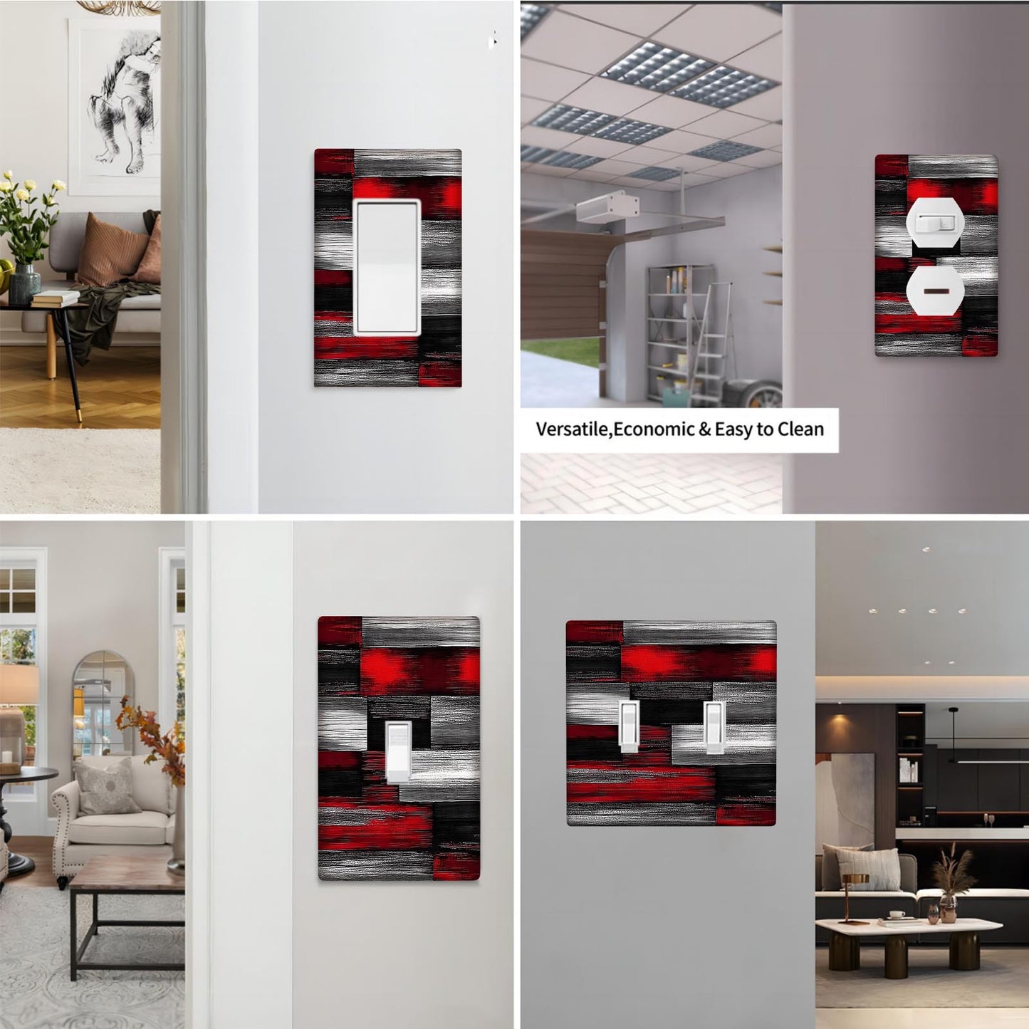 1pc decorative wall switch plate in red, black, and gray. No wiring or battery required. Durable mount for home and office decor. Fits toggle, duplex, and rocker outlets.