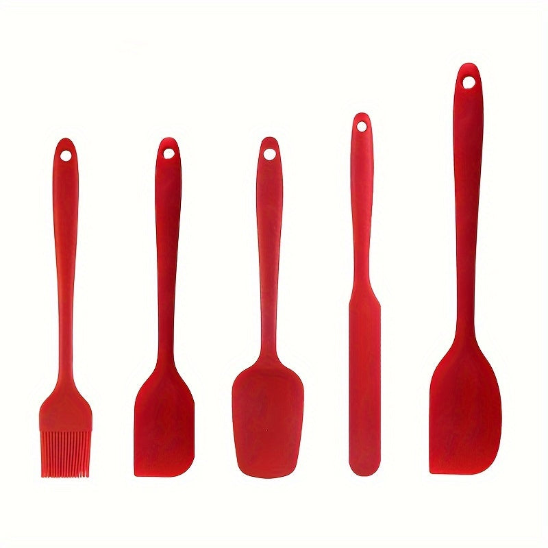 Set of 5-6 silicone spatulas, perfect for scraping cake cream and applying oil while baking. These tools are food-grade and also include a brush, making them essential kitchen gadgets and accessories.