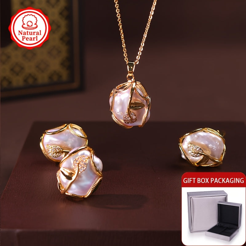 3-Piece MUFAN Women's Fashion Jewelry Set with Vintage & Sexy Style - featuring a Natural Freshwater Baroque Pearl Pendant, Earrings & Ring. Made with 14-16mm*16-18mm pearls and accented with Synthetic Cubic Zirconia. The set includes 925 Silver Ear