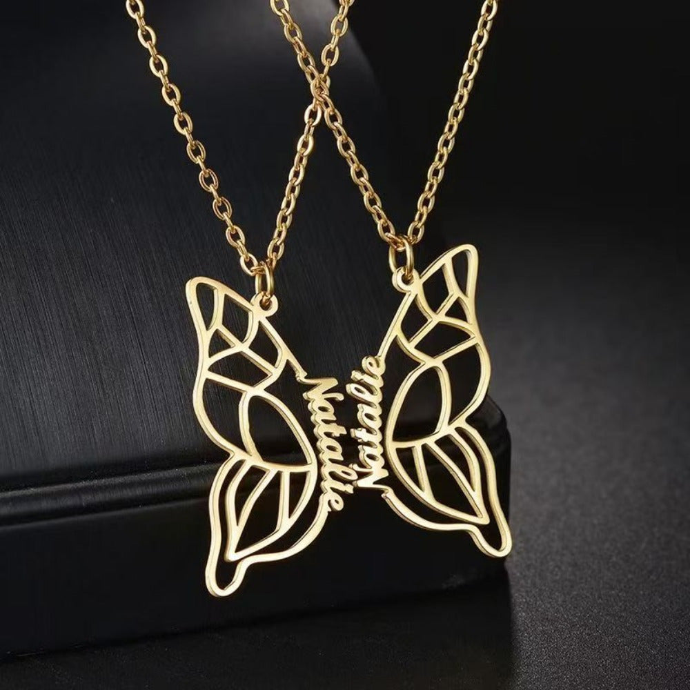 New for 2025, this stylish Butterfly Pendant Necklace features a custom engraved hollow letter design. Made of 18K golden plated stainless steel, this elegant and simple accessory is perfect for couples and best friends. A great fashion gift for any