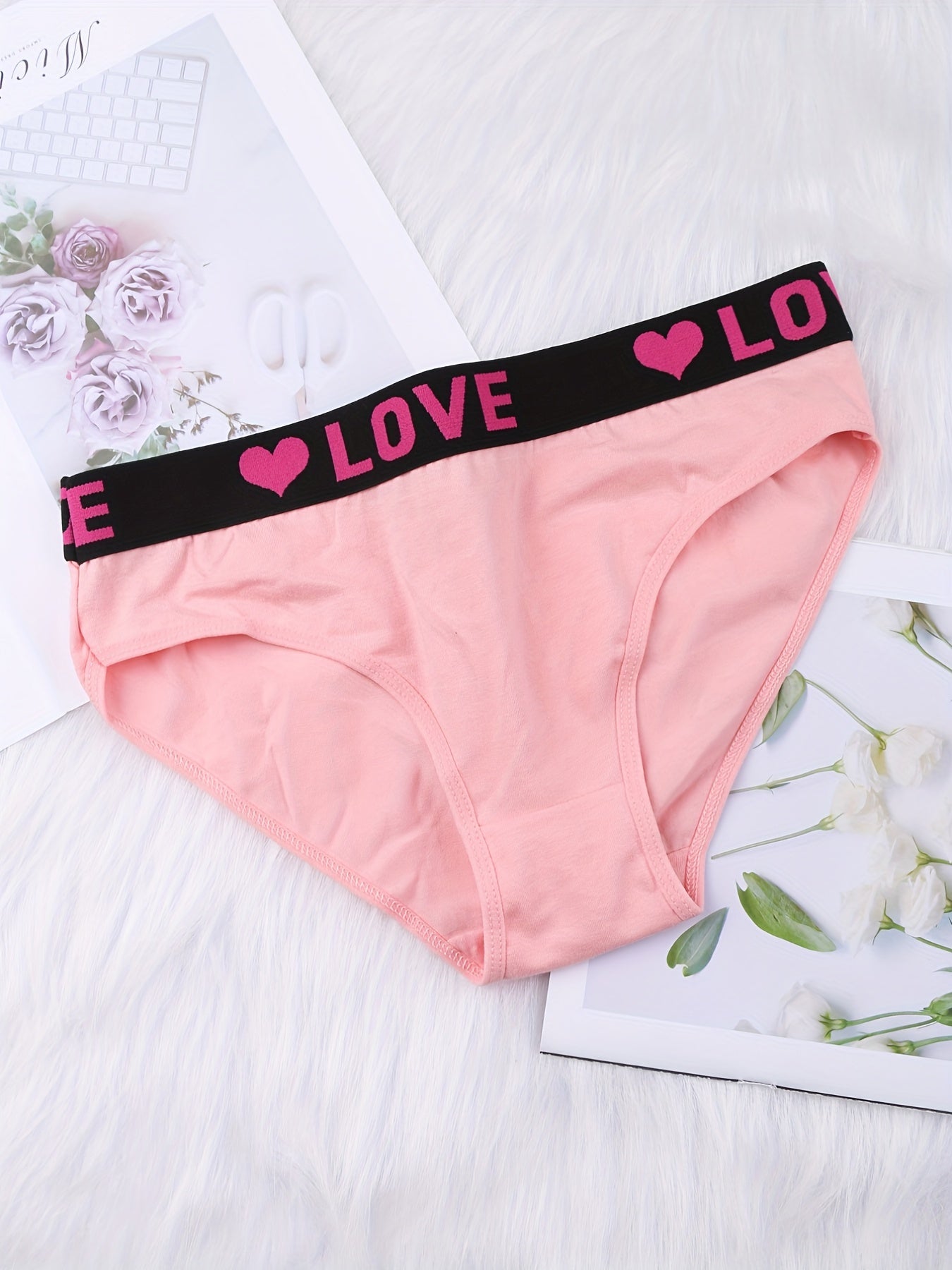 Colorblock low waist bikini panties with letter tape design, breathable and soft for women's lingerie and underwear.