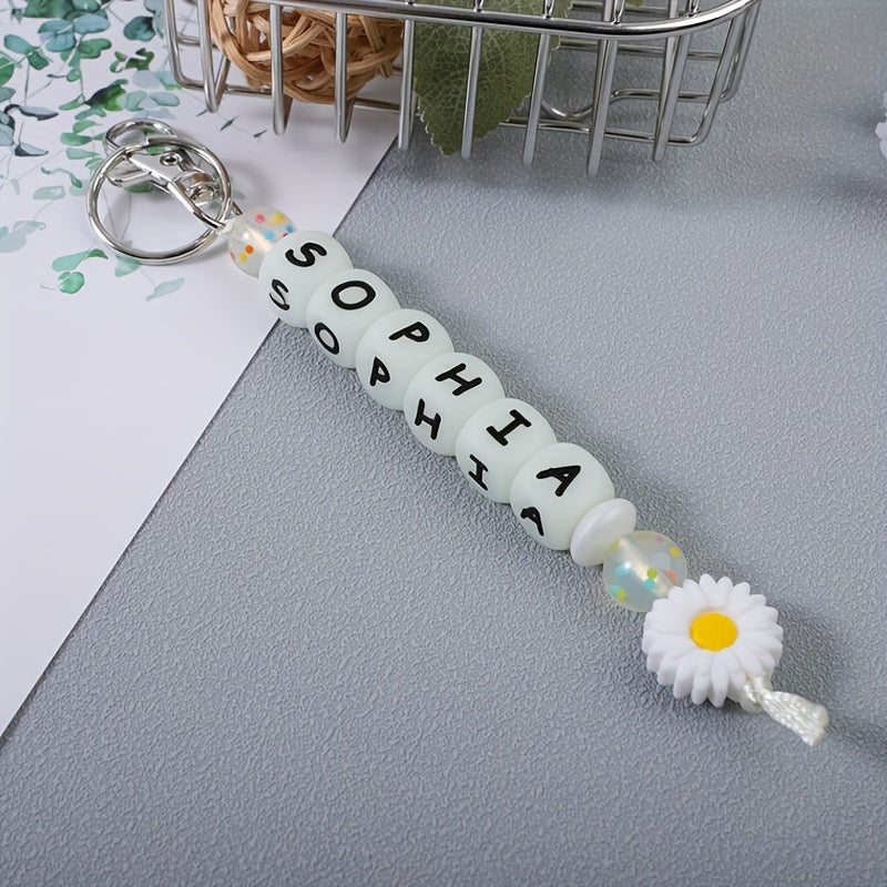 Personalized Silicone Keychain with Glow-in-the-Dark Alphabet Beads, Flower Charm, Custom Name, Perfect for Birthday Parties and Festivals, Women's Key Holder with Lobster Clasp - Great for Decorating Backpacks and Bags (Individual Item)