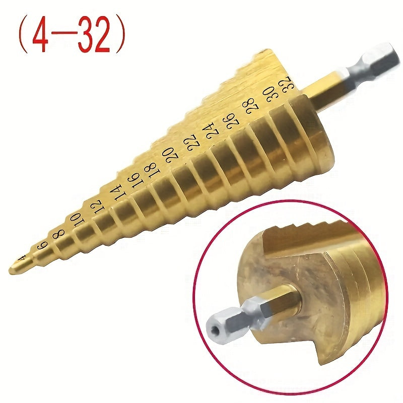 Titanium step drill bit for wood and metal cutting, ranging from 4 to 32mm, featuring high-speed steel and hex head design.