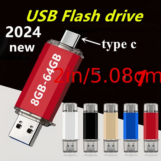 2024 Yuqori tezlikdagi USB 2.0 Flesh xotira, Type-C bilan, 8GB-64GB, mustahkam metall qoplama, zarbaga chidamli va elektromagnitdan himoyalangan, ko'p rangli variantlar, tez ma'lumot uzatish, ko'p funksiyali qattiq holatli saqlash.