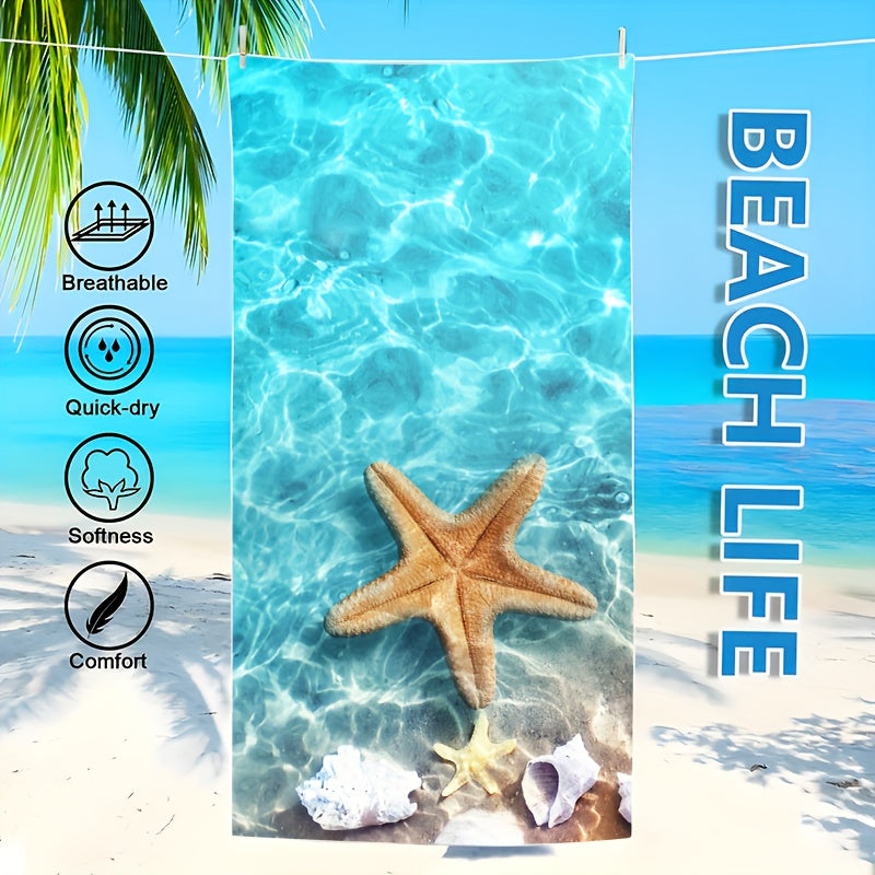 Soft, quick-dry beach towel with starfish and seahorse design. Sand-resistant, super absorbent microfiber. Ideal for pool, camping, yoga, diving. Tropical style in two sizes. Perfect for travel and yoga.